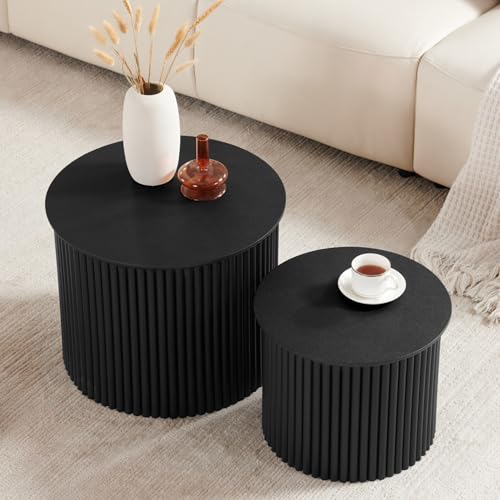 Small Fluted Round Nesting Coffee Table Set of 2, Mid Century Modern Coffee Table Circle Side Table, Wood Nesting Table Farmhouse End Tables Set for Living Room, Bedroom, Small Spaces(Black - color: Black, size: Small
