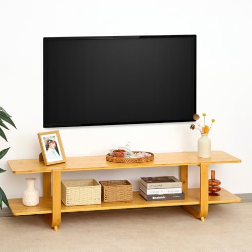 Bamboo TV Stand for TVs up to 65", Accent Entertainment Center with Storage, Media Console Table with Shelf, Modern TV Stand for Living Room, Bedroom, 55"(L), Burlywood - color: Burlywood
