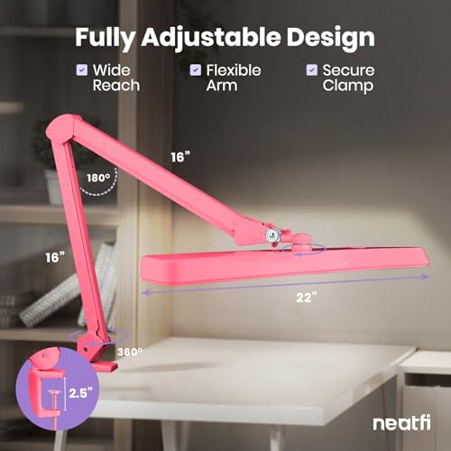 Neatfi XL 2,500 Lumens 30W LED Task Lamp for Manicure Table, Crafts, Workbench, Office – 22” Wide Shade Desk Light | Eye-Caring 6500K | 4-Level Brightness (Pink, Non-CCT with Clamp) - color: Pink