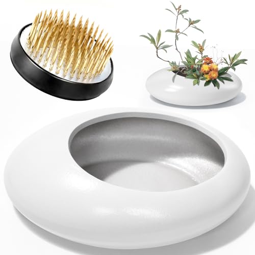 Flower Frog Vase Kit, 2-Inch Brass Florist Frog for Arrangements and Ceramic Water Drop Pot, Elegant Ikebana Flower Holder for Cut Flowers, Floral Decor Kit (White Large Size) - color: White, size: Large Size