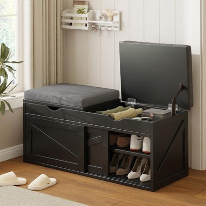 iPormis Shoe Storage Bench,40" Wide 2-Tier Shoe Bench with Padded Seat Cushion and Lift Top Storage,Entryway Bench with Adjustable Shelf,Wooden End of Bed Bench,Black - color: Matte Black