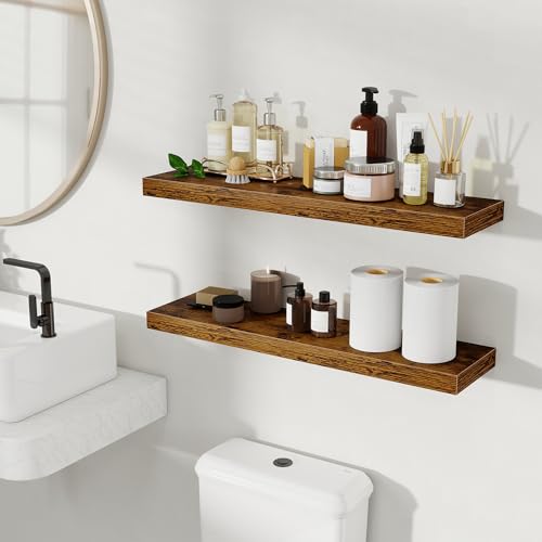 Fun Memories Floating Shelves for Wall, 30 Inch Set of 2 Rustic Wood Wall Shelves with Invisible Brackets, Heavy Duty Storage Display for Living Room Bedroom Kitchen, Brown - color: Rustic Brown, size: 6.5"D x 30"L - 2Pack
