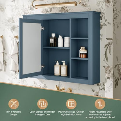 Wall Mounted Medicine Cabinet, Bathroom Storage Cabinet with Mirror Door and 6 Adjustable Open Shelf (7.3" D x 35" W x 27.5" H) (Indigo Blue) - color: Indigo Blue
