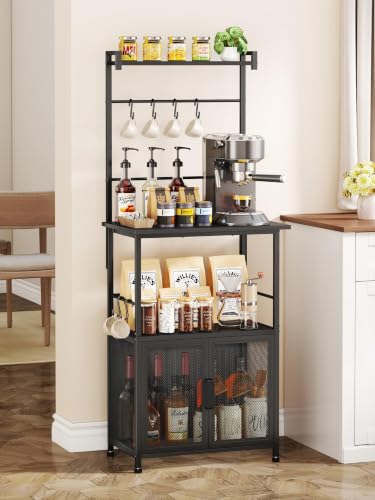 SWTYMIKI Coffee Bar Station for Space - 20.4 x 14.25in Black | Unique Double Mesh Enclosed Cabinet Doors + 6 Mug Hooks Multi-Purpose Microwave Stand, Buffet Cabinet Storage Rack - color: Black