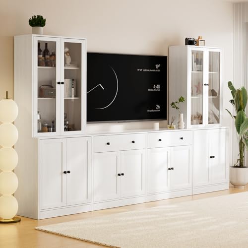 TUSY 71" TV Stand Storage Set - 2 Tall Bookcases & 2 Side Cabinets, Media Console with Glass & Wood Doors, Entertainment Center with Drawers, Tall Media Console for Living Room (White, AEEA) - color: White