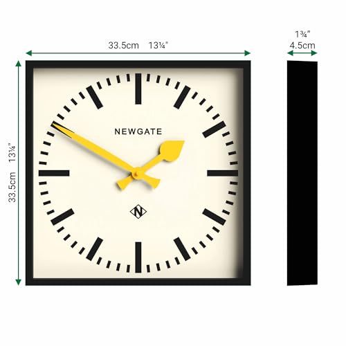 NEWGATE® Number Five wall Clock | Square Retro Inspired Modern Station Clock | 16" | Black with Yellow Hands | Mid-Century Style for Kitchen, Living Room or Office - color: Yellow
