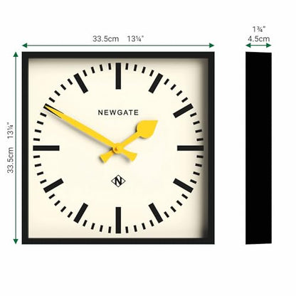 NEWGATE® Number Five wall Clock | Square Retro Inspired Modern Station Clock | 16" | Black with Yellow Hands | Mid-Century Style for Kitchen, Living Room or Office - color: Yellow
