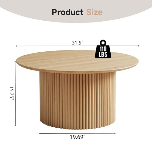 31.5" Round Coffee Table, Modern Fluted Accent Center Table with Metal Frame, Wooden Circle Coffee Tables for Living Room Small Space or Office (Natural) - color: Natural 31.5" Round