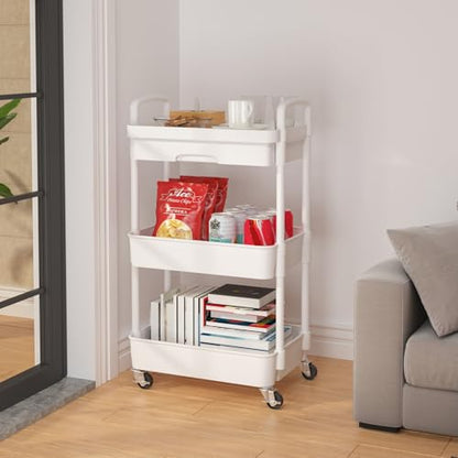 Calmootey 3-Tier Rolling Utility Cart with Drawer,Multifunctional Storage Organizer with Plastic Shelf & Metal Wheels,Storage Cart for Kitchen,Bathroom,Living Room,Office,White | Space-Saving Organizer, Sturdy Plastic Shelves, Smooth-Rolling Metal Wheels,