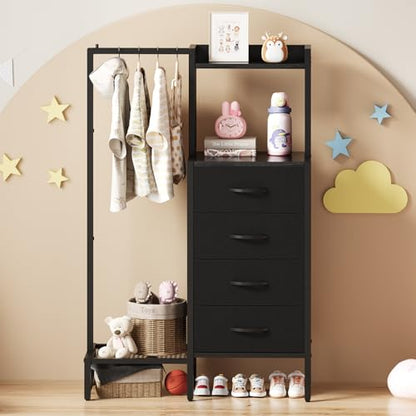 Yoobure Black Dresser with Hanging Rack - Small Closet with 4 Fabric Storage Drawers, 44" H Dresser with Clothes Rack, Chest of Drawer, Kids Dressers for Bedroom, Dorm, Living Room, Sturdy Frame - color: Black