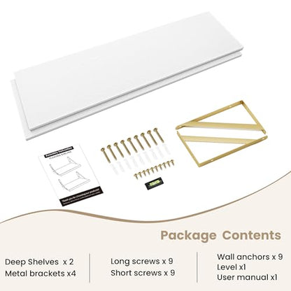 Dreamland Wall Mounted Floating Shelves Set of 2, 36x12, White&Gold | Engineered Wood, Visible Bracket, Large Storage, Hold Up to 60lbs, Living Room, Bathroom, Bedroom, Kitchen - color: White&gold, size: 48"W x 12"D