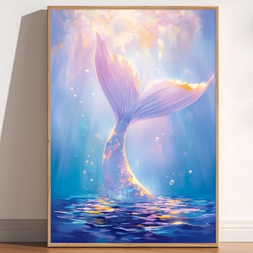 Coastal Beach Wall Art Mermaid Tail Artwork Blue Ocean Prints Trendy Girl Posters Ocean Life Pictures Summer Beach Paintings Trendy Funky Posters Aesthetic Summer Pictures for Room 16x24in Frameless - color: E2Unframed