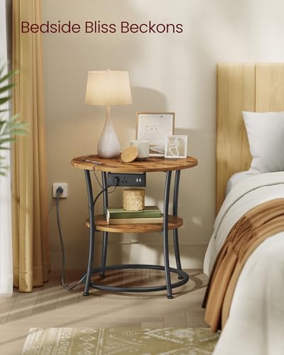 VASAGLE 21.7-Inch Round Side Table, 2-Tier End Table | Nightstand with Steel Frame, Spacious Top, for Small Spaces, Living Room, Bedroom, Rustic Brown and Ink Black ULET077K01 - color: Rustic Brown + Ink Black, style: With Power Strip