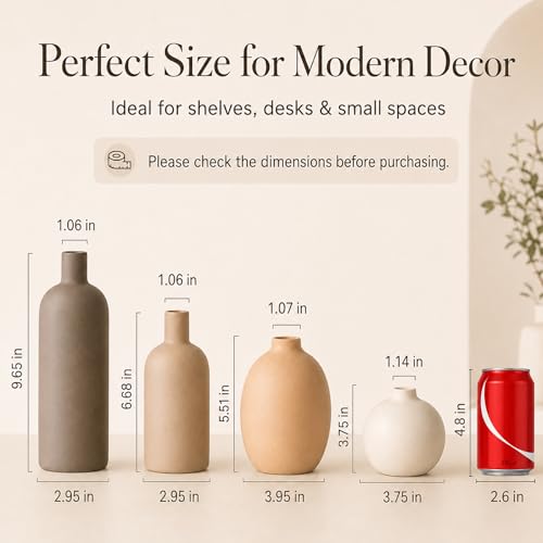 Ceramic Vase Set of 4 – Handmade Modern Minimalist Vases for Dried or Fresh Flowers, Matte Decorative Neutral Vases for Living Room, Table, Shelf & Entryway