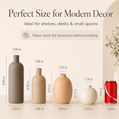Ceramic Vase Set of 4 – Handmade Modern Minimalist Vases for Dried or Fresh Flowers, Matte Decorative Neutral Vases for Living Room, Table, Shelf & Entryway