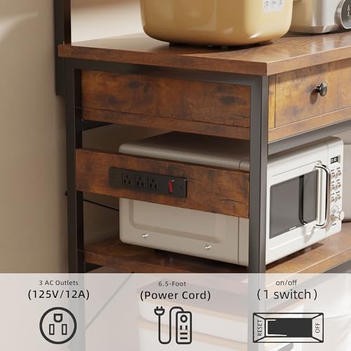 Mexin Bakers Rack with Power Outlets, 5-Tier Microwave Oven Stand with 2 Drawers, Kitchen Stand Coffee Bar Table with Storage, Heavy Duty Kitchen Shelves(Brown) - color: Rustic Brown