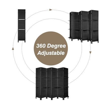 6 Panel Room Divider with Shelves | Freestanding Wooden Louvered Privacy Screen, Built‑in Display Shelves, Foldable Hinges, Black - color: Black-6 Panel, size: 6 Panel