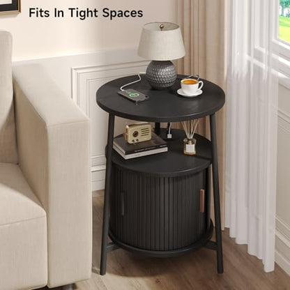 Round Side Table with Charging Station, Black | Circle Nightstand with Storage, Fluted Bedside Table, with Sliding Door, for Living Room Small Space Bedroom