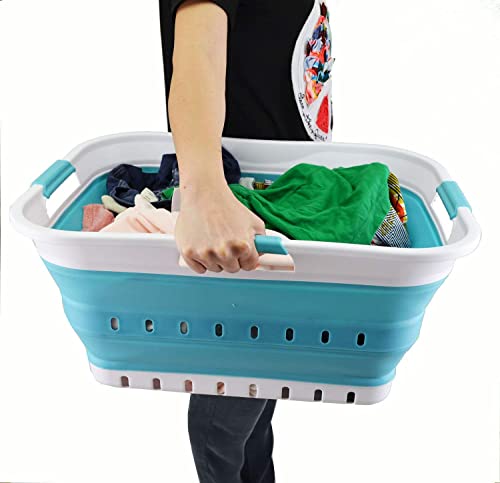 SAMMART 42L (11 gallon) Collapsible Plastic Laundry Basket - Foldable Pop Up Storage Container/Organizer - Portable Basket - Space Saving Hamper/Basket (2, White/Bright Blue) - color: White/Bright Blue