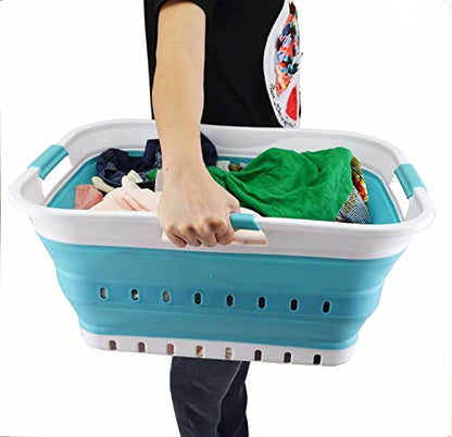 SAMMART 42L (11 gallon) Collapsible Plastic Laundry Basket - Foldable Pop Up Storage Container/Organizer - Portable Basket - Space Saving Hamper/Basket (2, White/Bright Blue) - color: White/Bright Blue