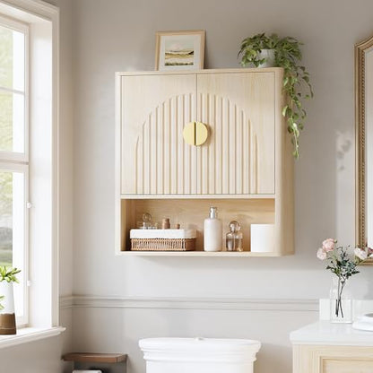 Bathroom Wall Cabinet, Fluted Medicine Cabinet, Natural | Adjustable Wood Shelf, Over The Toilet Storage Cabinet for Laundry Room, Living Room, Rounded Metal Handle, 2 Doors