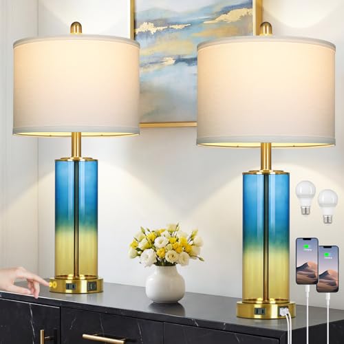 Ruzectt 26" Blue and Gold Glass Lamps Set of 2, 3-Way Dimmable Touch Coastal Bedroom Table Lamp with USB C+A Ports & AC Outlet, Elegant Brass Living Room Lamp, Nautical Bedside Lamps for Night Stands - color: Blue and Gold