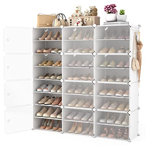 Portable Shoe Rack Organizer with Door, 48 Pairs Shoe Storage Cabinet Easy Assembly, Plastic Adjustable Shoes Organizer Stackable Detachable Free Standing Shoes Rack White - color: White, size: 48" Wide-48 Pairs