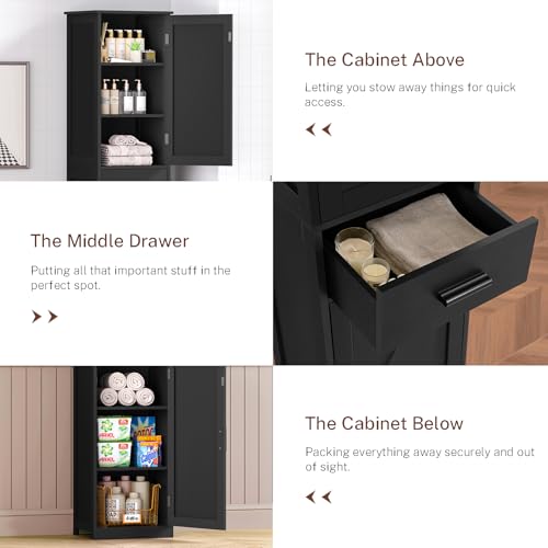 TEENFON Tall Bathroom Cabinet, Storage Cabinet with 6 Shelves & Drawer, Bathroom Storage Cabinet with Adjustable Shelves, Tall Cabinet for Living Room, Home Office, Black - color: Black