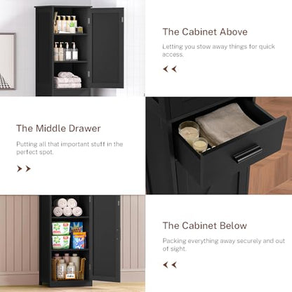 TEENFON Tall Bathroom Cabinet, Storage Cabinet with 6 Shelves & Drawer, Bathroom Storage Cabinet with Adjustable Shelves, Tall Cabinet for Living Room, Home Office, Black - color: Black