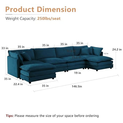 Modular Sectional Sofa, 146.5 Inch U Shaped Couch Set for Living Room, 4-Seater Comfy Cloud Couches with Two Movable Ottoman, DIY Combination, Chenille, Blue - color: Blue, size: 146.5 Inch- U