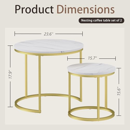 Otterease Nesting Tables Set of 2, Round Coffee Table, Small Nesting Coffee Table with Adjustable Non-Slip Fee, White Marble Top Stack Nesting Tables Set of 2 for Living Room, Bedroom (White) - color: 23.6" Marble White