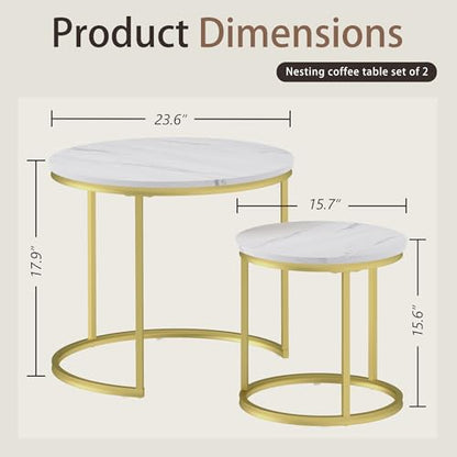 Otterease Nesting Tables Set of 2, Round Coffee Table, Small Nesting Coffee Table with Adjustable Non-Slip Fee, White Marble Top Stack Nesting Tables Set of 2 for Living Room, Bedroom (White) - color: 23.6" Marble White
