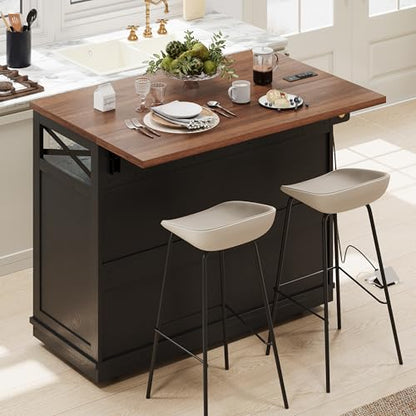 46.5'' Farmhouse Kitchen Island with Charging Station, Drop Leaf & Bead Drape - Mobile Rolling Cart, Ample Storage, Rustic Wood Grain Countertop for Compact Spaces (Black+Brown) - color: Black+brown)