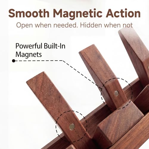 Nuanchu Wall Mounted Coat Rack with Shelf, Walnut Wood Piano Key Hanger with 7 Magnetic Flip Hooks for Entryway Closet Bedroom Bathroom Kitchen
