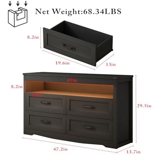 Black Dresser for Bedroom, Wood 4 Drawer Dresser with LED Light, Dressers & Chests of Drawers with Metal Handles, Storage and Organization for Bedroom, Hallway, Entryway - color: Black, style: LED 4 Drawers