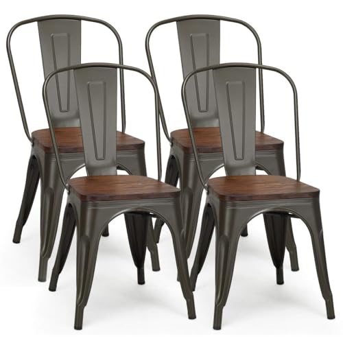 COSTWAY Stackable Metal Dining Chairs Set of 4 with Wood Seat and High Back | Gun Color, Industrial Vintage Dining Chair, Elm Wood Seat Board, 18 Inch, for Dining Room Kitchen Bar Cafe Bistro Restaurant - color: Gun Color
