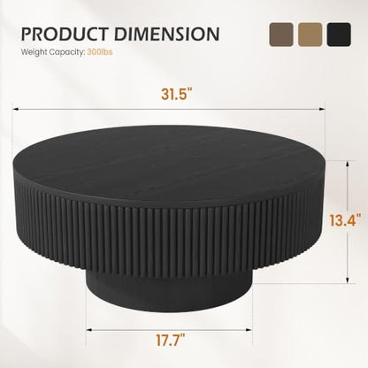 YOUDENOVA 31.5” Round Fluted Coffee Table, Modern Wood Circle Coffee Table, Veneer Handcrafted Relief Tea Table with Sturdy Pedestal for Living Room，Easy Assembly - Black - color: 31" All Black-round