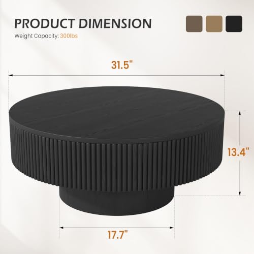 YOUDENOVA 31.5” Round Fluted Coffee Table, Modern Wood Circle Coffee Table, Veneer Handcrafted Relief Tea Table with Sturdy Pedestal for Living Room，Easy Assembly - Black - color: 31" All Black-round