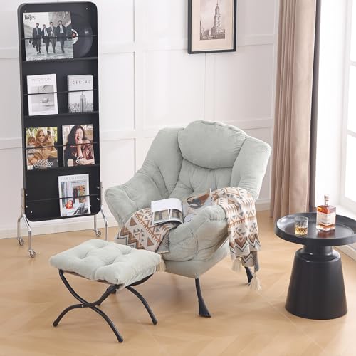 Lazy Chair with Ottoman, Comfy Accent Reading Chair, Plush Green | Foldable Footrest,Removable Cover,with Armrests and Side Pockets,Upholstered Lounge Chair for Bedroom,Dorm,Office,Small Space - color: Plush Green