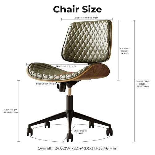 Armless Desk Chair with Wheels, PU Leather Rolling Office Chair, Adjustable Height Mid Back Computer Chair, Ergonomic Walnut Curved Seat, 360° Swivel Home Office Chair for Small Spaces (All-Green) - color: All-green