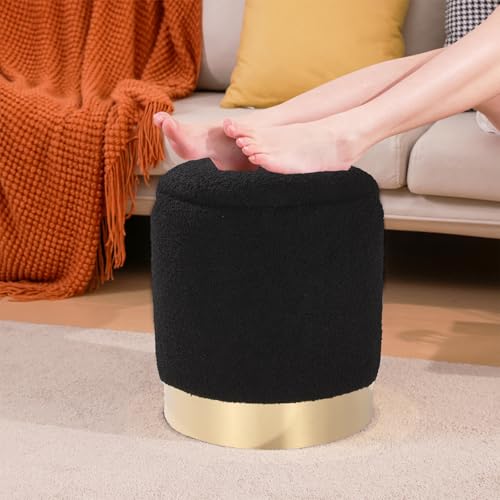 Round Ottoman with Storage Set of 2, Black Sherpa Vanity Stool | Upholstered,Small Ottoman Coffee Table,Removable Lid,Foot Stool for Living Room,Bedroom,Assembly Free, Gold and Black - color: Sherpa Black