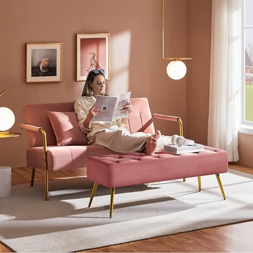 Yaheetech 45in Upholstered Velvet Ottoman Bench Seat with Gold Legs, Pink | Tufted Upholstered Bench Seat, Bed Bench with Tapered Gold Metal Legs, Sized for Window Seat Entryway Living Room - color: Pink