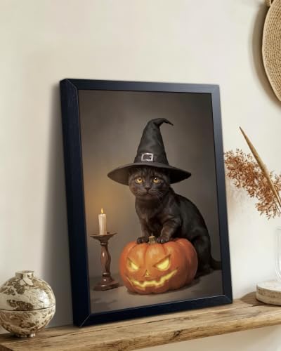 REZFGU Halloween Black Cat Pumpkin Canvas Framed Poster Painting Print Picture, Witch Hat Cat Wall Art, Cute Animal Gothic Fall Wall Decor for Living Room Bedroom Bathroom Home Decor 12x16 Inch - color: A-Black Cat, size: 16"L x 12"W