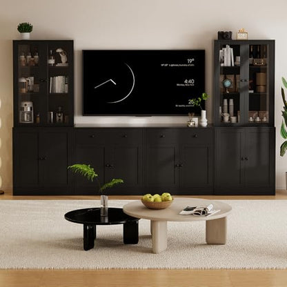 TUSY 71" TV Stand Storage Set, Black, AEEA | 2 Tall Bookcases & 2 Side Cabinets, Media Console with Glass & Wood Doors, Entertainment Center with Drawers - color: Black