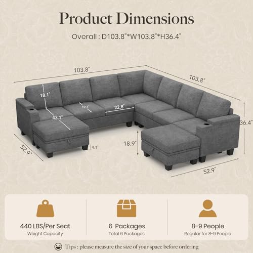 Belffin Modular Sectional Sofa Couch with Storage U Shape Convertible Corner Couches for Living Room Light Grey Couch - color: Light Grey, size: 8-seater sofa