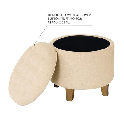 HomePop 19" Button Tufted Round Storage Ottoman - Light Tan Textured Solid - color: Light Tan Textured Solid
