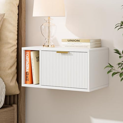 Masupu Floating Nightstand, Wall Mounted Floating Bedside Table with Storage Drawer and Open Shelf, Modern Bedroom Nightstand, 19.3" x 11.4" x 10", White - color: White