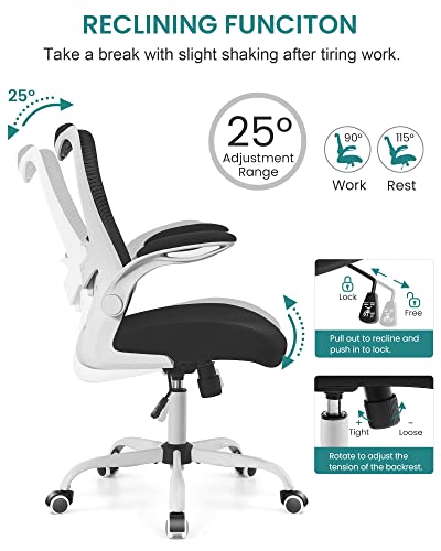 Office Chair, Ergonomic Desk Chair with Adjustable Lumbar Support and Flip up Armrest, Breathable Mesh Computer Chair for Home Office, White - color: White