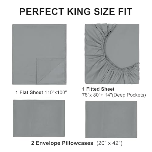 King Sheet Sets, Cotton Blended Breathable Bed Sheets 4 Piece, Deep Pocket Up to 14", 1 Fitted Sheet, 1 Flat Sheet and 2 Pillowcases (Grey, King) - color: Grey-4pcs Sheet Set, size: King