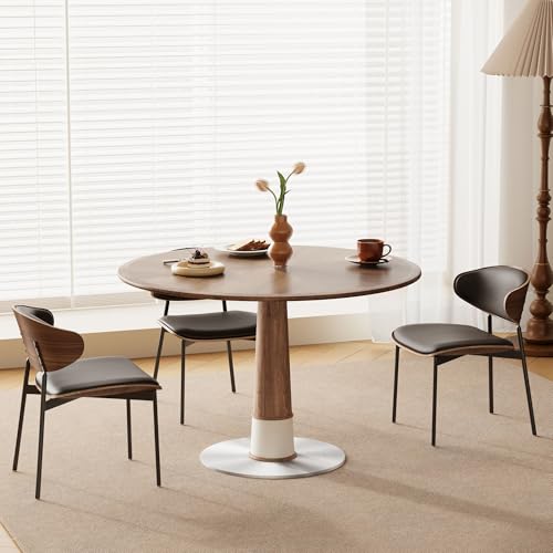 Modern Round Dining Table with Parquet Walnut Tabletop Seats 4-6 | 47.2" Small Circle Pedestal Kitchen Table with Metal Base for Dining Room, Kitchen, Apartment, Living Room